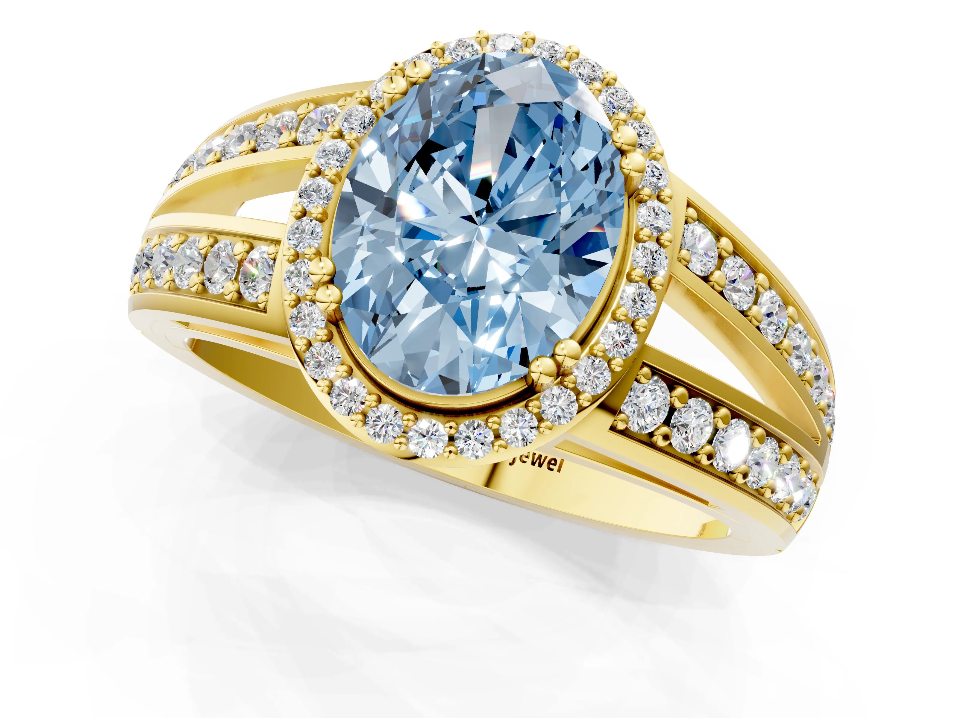 Yellow gold Fancy Blue Oval Cut Diamond Halo Ring with Split Shank Pavé Band and Four-Prong Setting_1