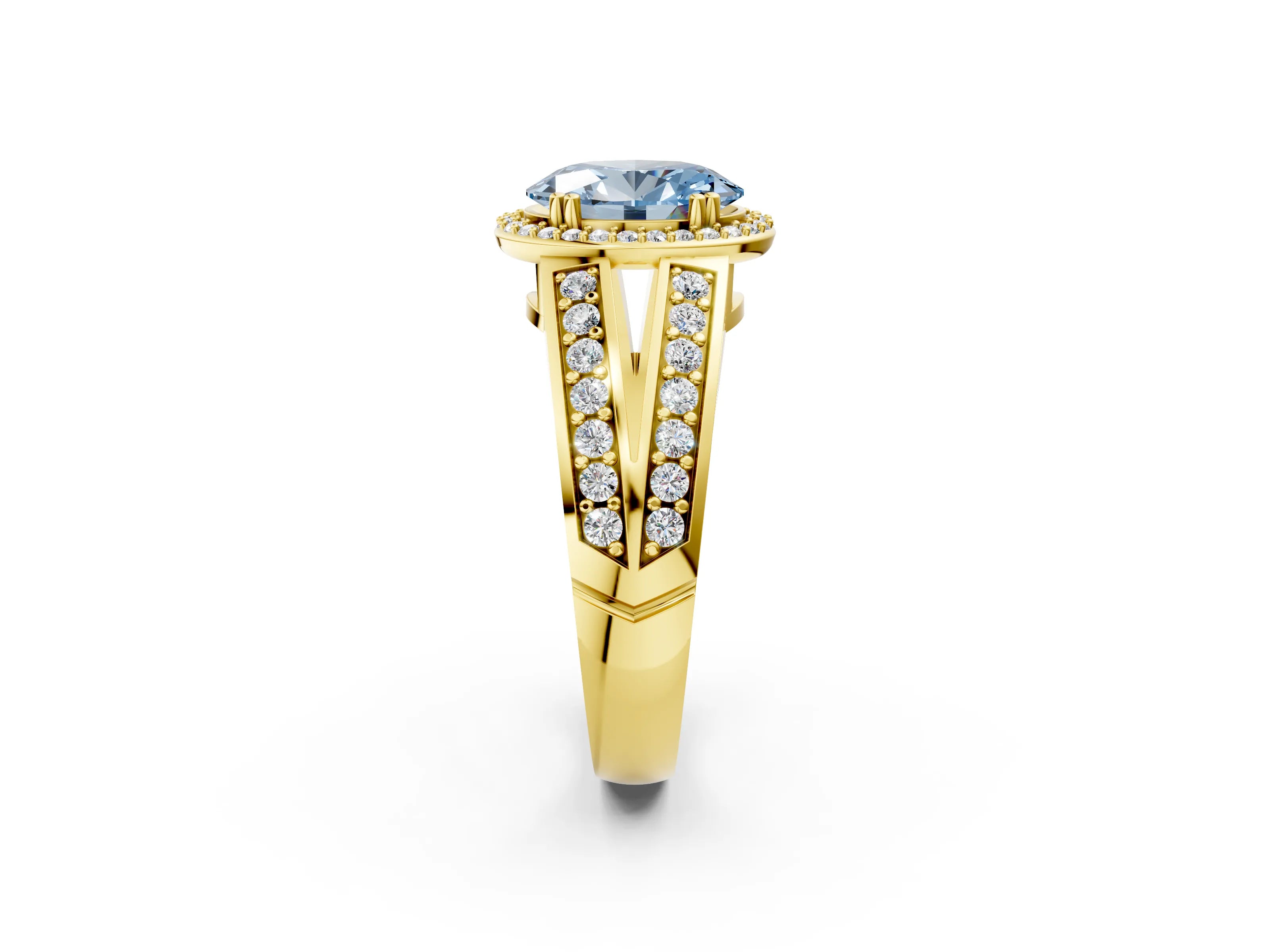 Yellow gold Fancy Blue Oval Cut Diamond Halo Ring with Split Shank Pavé Band and Four-Prong Setting_2