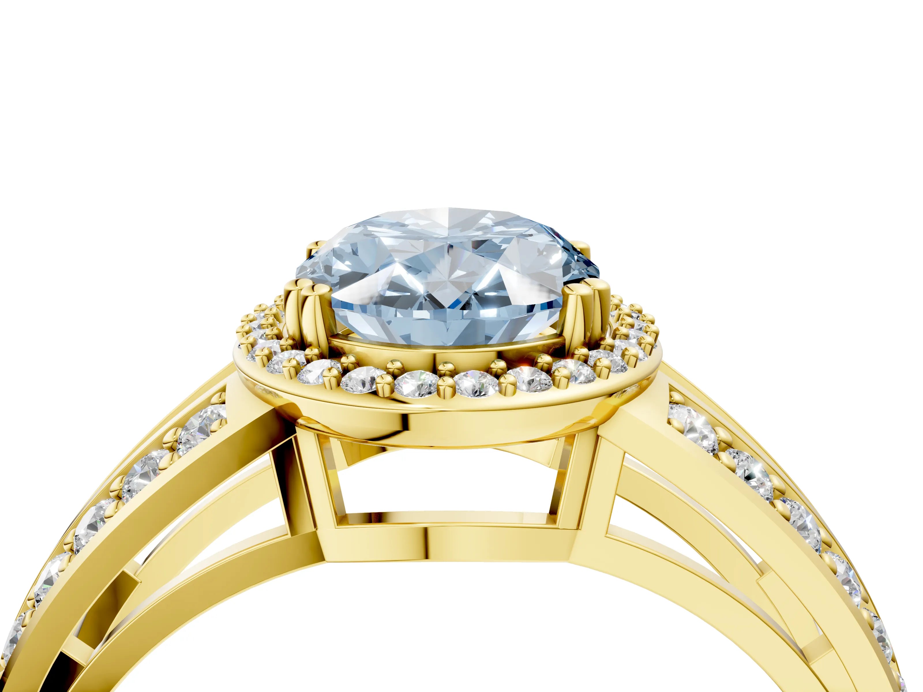 Yellow gold Fancy Blue Oval Cut Diamond Halo Ring with Split Shank Pavé Band and Four-Prong Setting_4