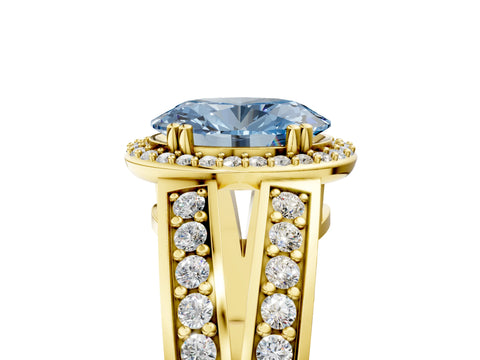 Yellow gold Fancy Blue Oval Cut Diamond Halo Ring with Split Shank Pavé Band and Four-Prong Setting_5