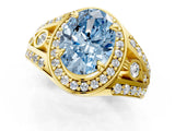 Yellow gold Fancy Blue Oval Cut Diamond Halo Ring with Split Shank and Bezel Accents and Four-Prong Setting_1