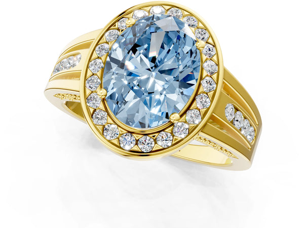 Yellow gold Fancy Blue Oval Cut Diamond Halo Ring with Split Shank and Bezel Accents and Prong Setting