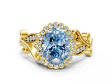 Yellow gold Fancy Blue Oval Cut Diamond Halo Ring with Vintage Split Shank and Four-Prong Setting_37