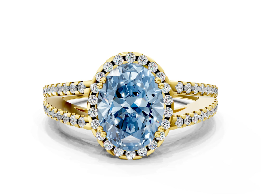 Yellow gold Fancy Blue Oval Cut Diamond Halo Split Shank Engagement Ring_39