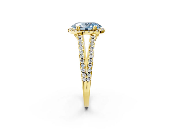 Yellow gold Fancy Blue Oval Cut Diamond Halo Split Shank Engagement Ring