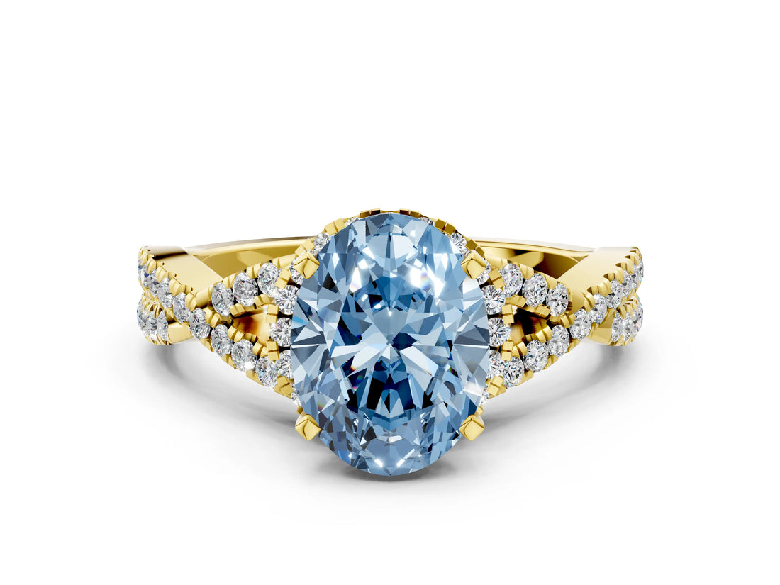 Yellow gold Fancy Blue Oval Cut Diamond  Halo Twist Band Solitaire Prong Setting Ring_42