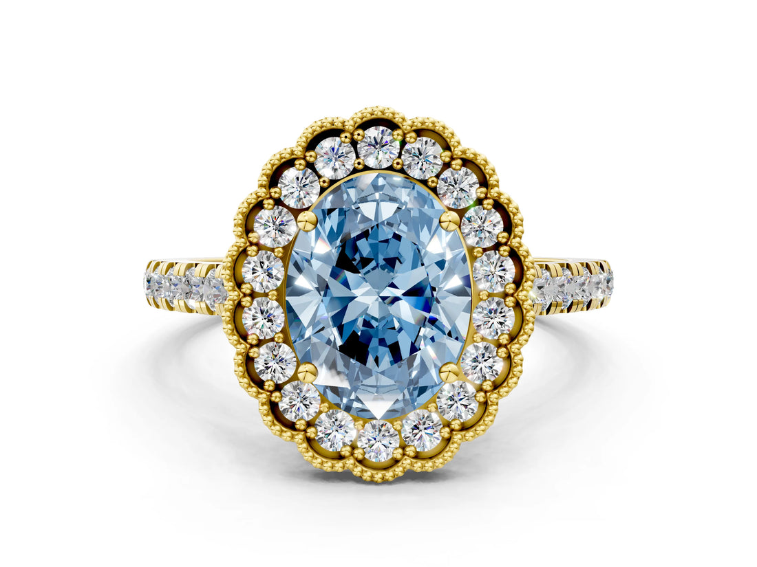 Yellow gold Fancy Blue Oval  Cut Diamond Milgrain Floral Halo Engagement Ring with Pavé Band_15