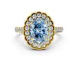 Yellow gold Fancy Blue Oval  Cut Diamond Milgrain Floral Halo Engagement Ring with Pavé Band_15