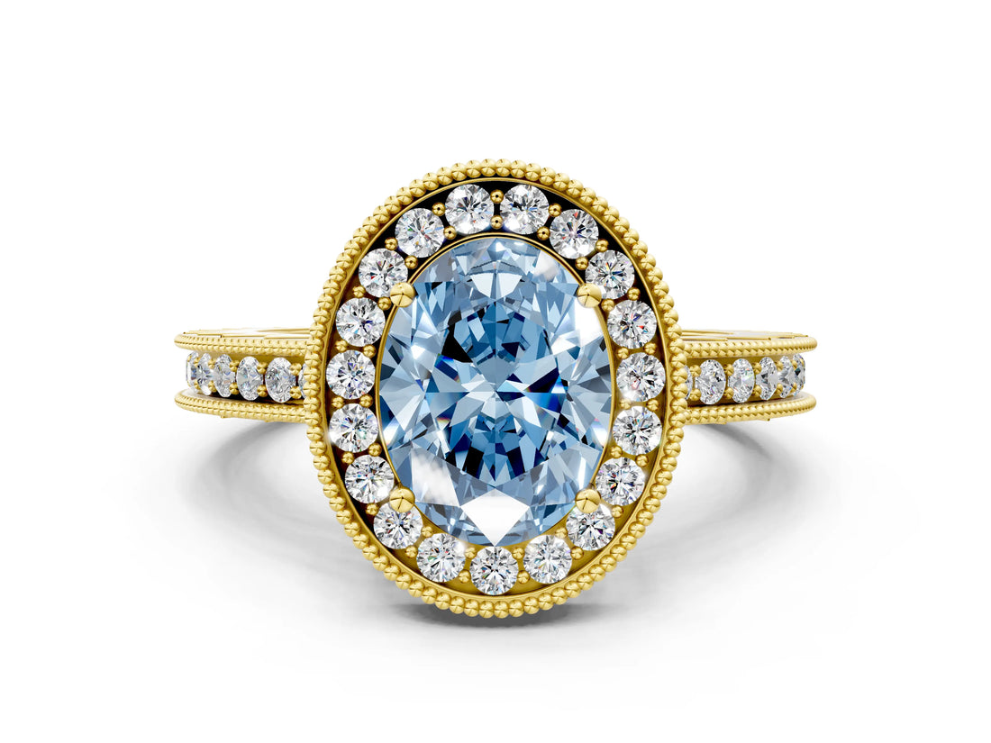 Yellow gold Fancy Blue Oval Cut Diamond Milgrain Halo Engagement Ring with Round Pavé Band and Prong Setting_12