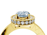 Yellow gold Fancy Blue Oval Cut Diamond Milgrain Halo Engagement Ring with Round Pavé Band and Prong Setting_16