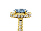 Yellow gold Fancy Blue Oval Cut Diamond Milgrain Halo Engagement Ring with Round Pavé Band and Prong Setting_17