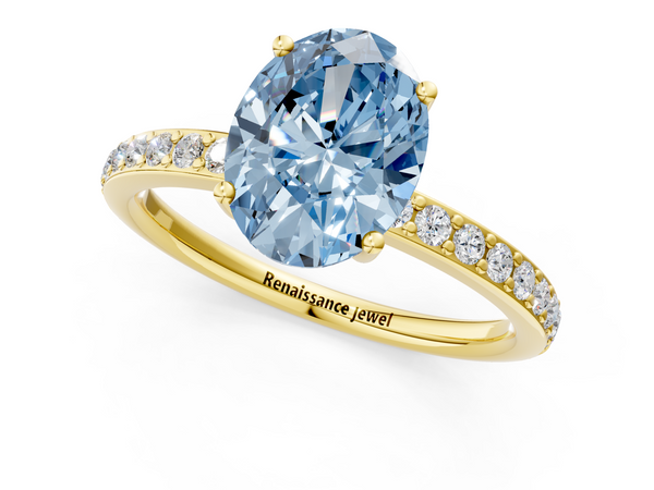 Yellow gold Fancy Blue Oval  Cut Diamond Pavé Band Ring with Four-Prong Setting