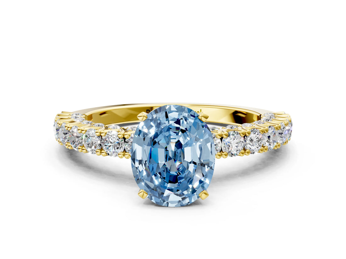Yellow gold Fancy Blue Oval Cut Diamond Pavé Band Solitaire Ring with Prong Setting_81