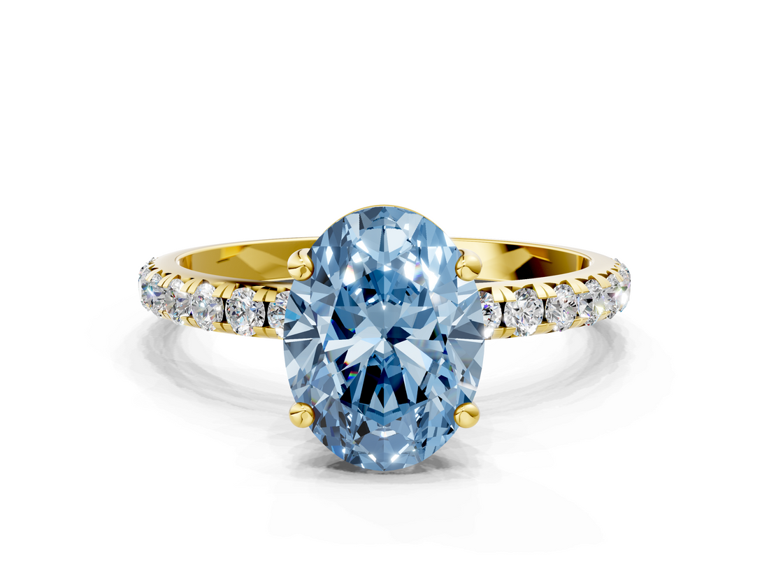 Yellow gold Fancy Blue Oval  Cut Diamond Pavé Band Solitaire with Four-Prong Setting_3