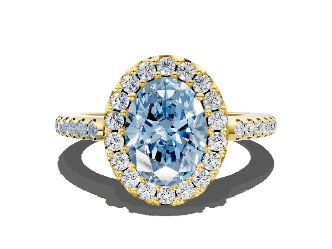 Yellow gold Fancy Blue Oval Cut Diamond Pavé Halo Ring with Four-Prong Setting_36