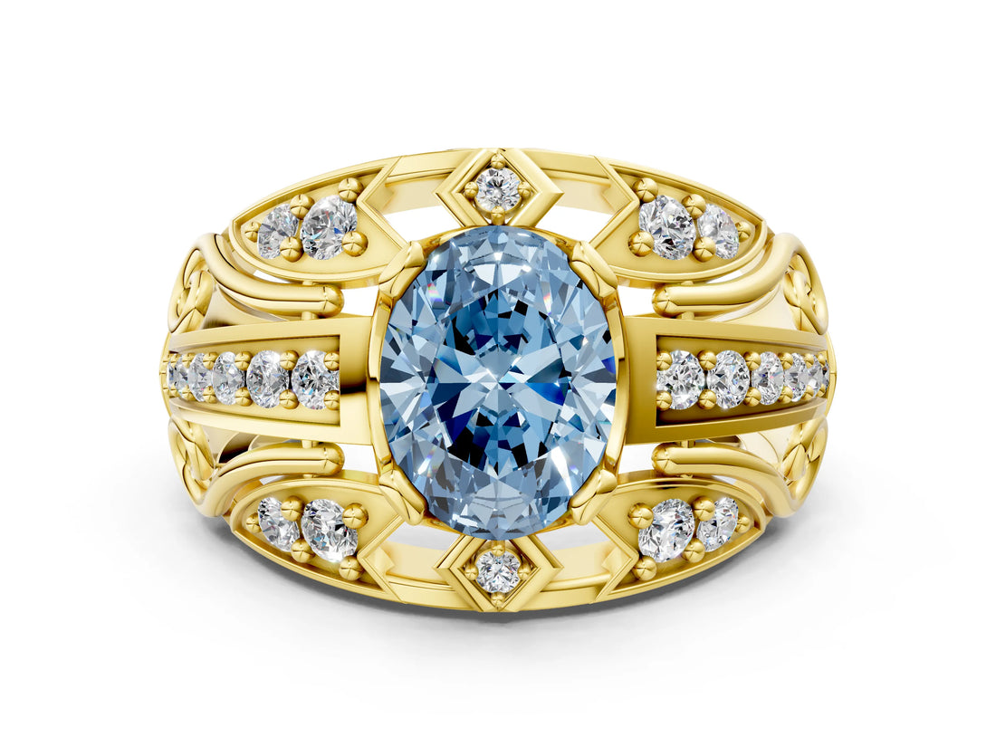 Yellow gold Fancy Blue Oval Cut Diamond Pave Art Deco Split Shank Ring with Four-Prong Setting