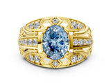 Yellow gold Fancy Blue Oval Cut Diamond Pave Art Deco Split Shank Ring with Four-Prong Setting