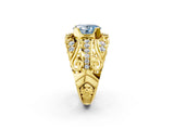 Yellow gold Fancy Blue Oval Cut Diamond Pave Art Deco Split Shank Ring with Four-Prong Setting_2