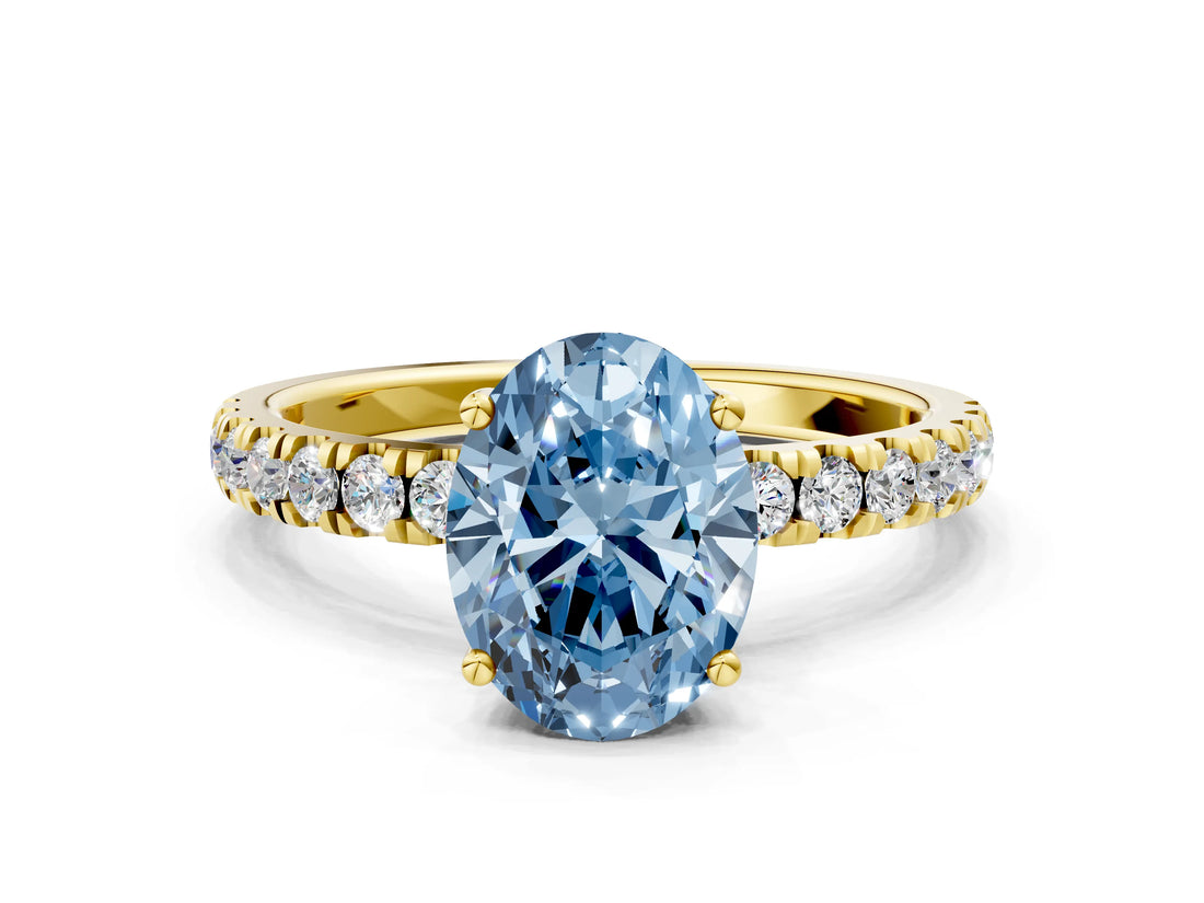 Yellow gold Fancy Blue Oval Cut Diamond Pave Band Solitaire Ring with Four-Prong Setting_58