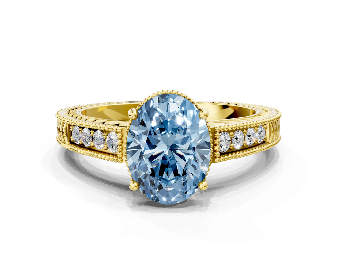 Yellow gold Fancy Blue Oval Cut Diamond Ring with Milgrain Pavé Band and Four-Prong Setting_20