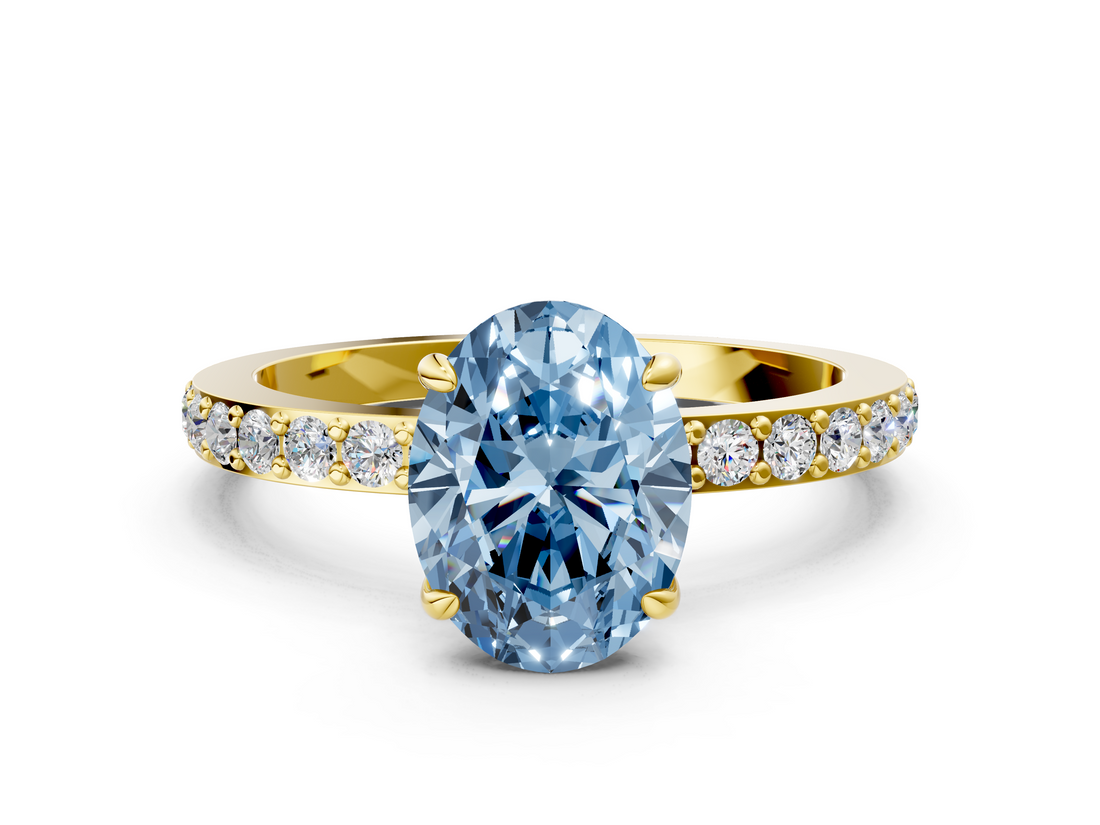 Yellow gold Fancy Blue Oval  Cut Diamond Ring with Pavé Band and Four-Prong Setting_67