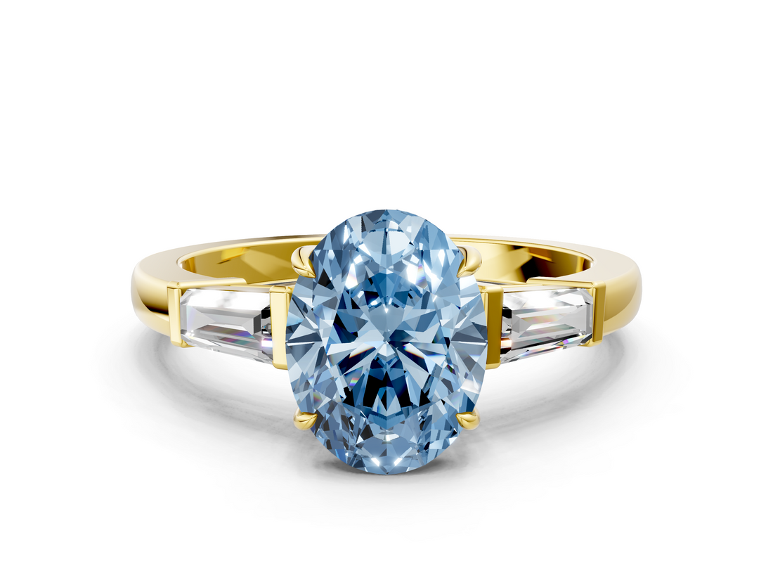 Yellow gold Fancy Blue Oval  Cut Diamond Ring with Tapered Baguette Side Stones in Four-Prong Setting_3
