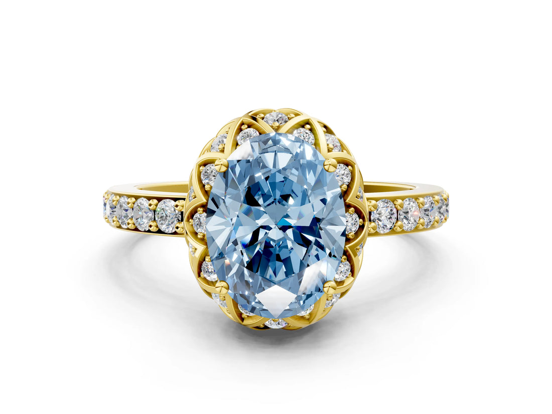 Yellow gold Fancy Blue Oval Cut Diamond Scalloped Halo Engagement Ring with Round Shared Prong Band_12