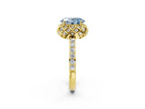 Yellow gold Fancy Blue Oval Cut Diamond Scalloped Halo Engagement Ring with Round Shared Prong Band_26