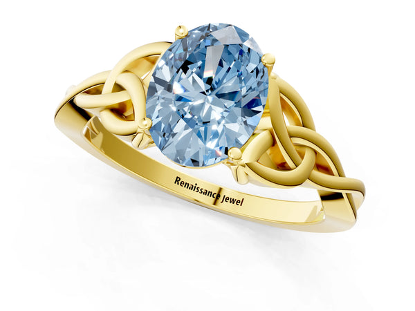 Yellow gold Fancy Blue Oval Cut Diamond Solitaire Celtic Knot Ring with Four-Prong Setting
