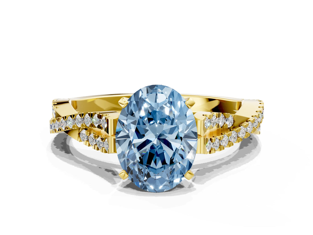 Yellow gold Fancy Blue Oval Cut Diamond Solitaire Engagement Ring with Twisted Pavé Band and Four-Prong Setting_49