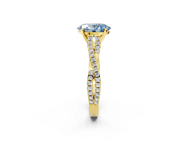 Yellow gold Fancy Blue Oval Cut Diamond Solitaire Engagement Ring with Twisted Pavé Band and Four-Prong Setting