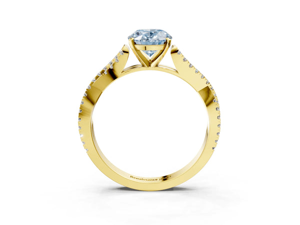 Yellow gold Fancy Blue Oval Cut Diamond Solitaire Engagement Ring with Twisted Pavé Band and Four-Prong Setting
