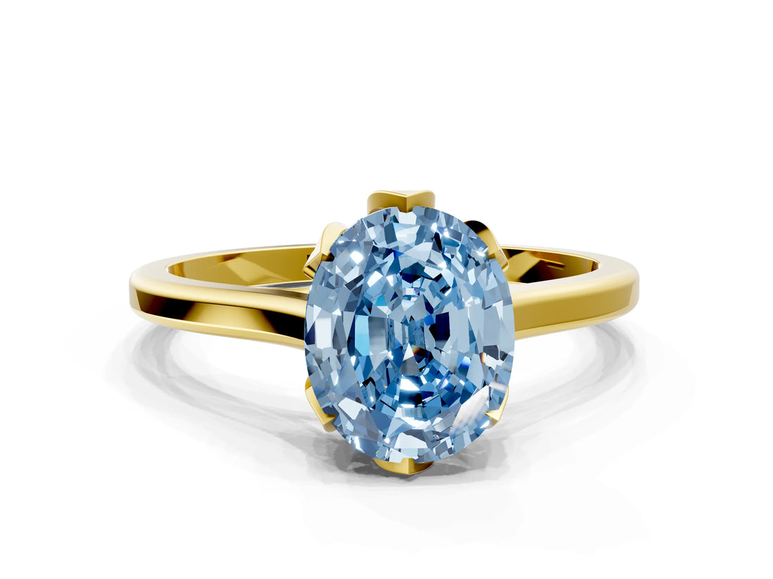 Yellow gold Fancy Blue Oval Cut Diamond Solitaire Ring with Flower Prong Setting and Classic Band_37