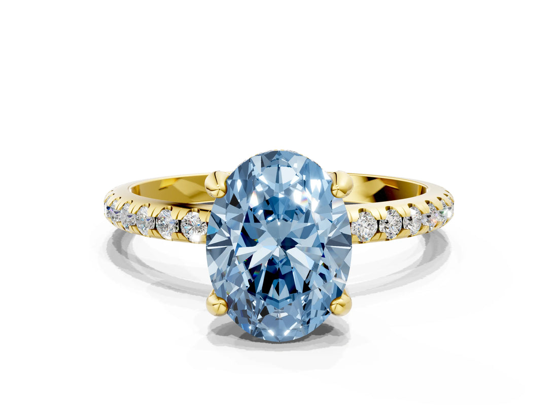 Yellow gold Fancy Blue Oval Cut Diamond Solitaire Ring with Four-Prong Setting and Pavé Band_3