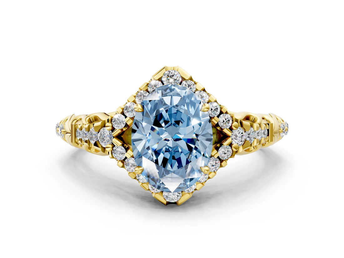 Yellow gold Fancy Blue Oval Cut Diamond Solitaire Ring with Hidden Halo and Pavé Band_27