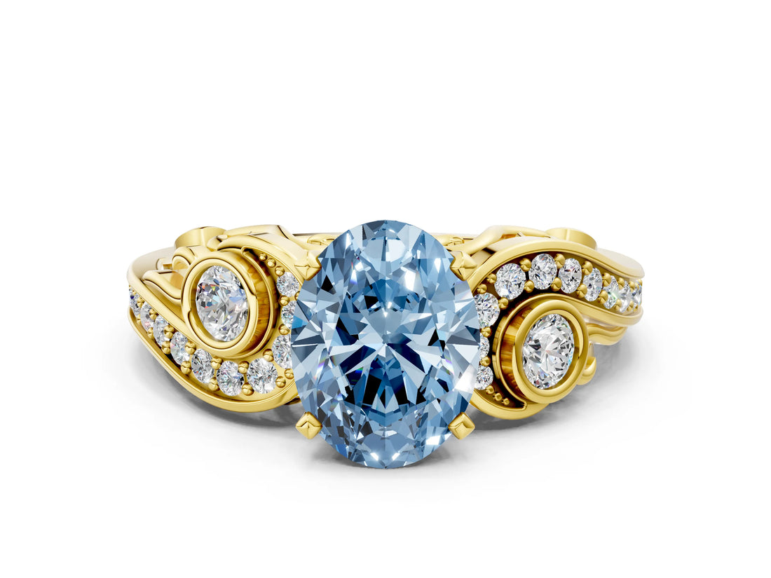 Yellow gold Fancy Blue Oval Cut Diamond Solitaire Ring with Milgrain Pavé Band and Four-Prong Setting_155
