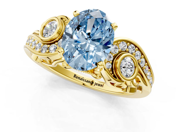 Yellow Gold Oval Vintage Swirl Engagement Ring Setting for Fancy Blue Center with Bezel Side Accents