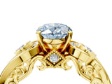Yellow gold Fancy Blue Oval Cut Diamond Solitaire Ring with Milgrain Pavé Band and Four-Prong Setting_159