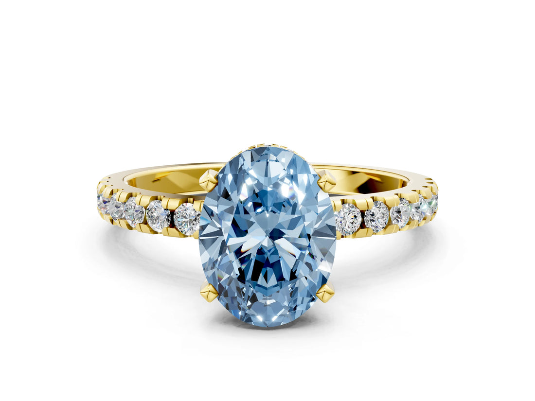 Yellow gold Fancy Blue Oval Cut Diamond Solitaire Ring with Pavé Band and Four-Prong Setting_43