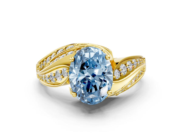 Yellow gold Fancy Blue Oval Cut Diamond Solitaire Ring with Prong Setting and Twisted Pavé Band