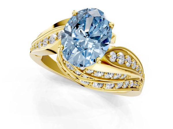 Yellow gold Fancy Blue Oval Cut Diamond Solitaire Ring with Prong Setting and Twisted Pavé Band