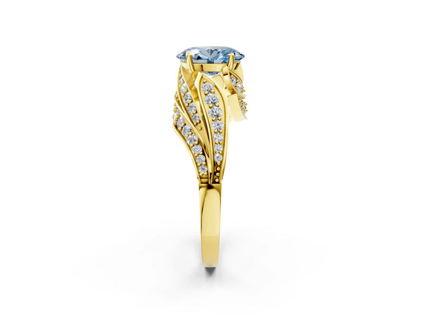 Yellow gold Fancy Blue Oval Cut Diamond Solitaire Ring with Prong Setting and Twisted Pavé Band