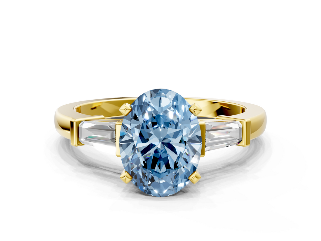 Yellow gold Fancy Blue Oval  Cut Diamond Solitaire Ring with Tapered Baguette Accents and Four-Prong Setting_88