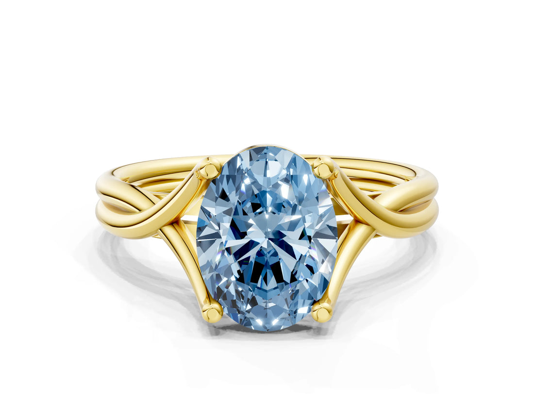 Yellow gold Fancy Blue Oval Cut Diamond Solitaire Twist Band Prong Setting Ring_79