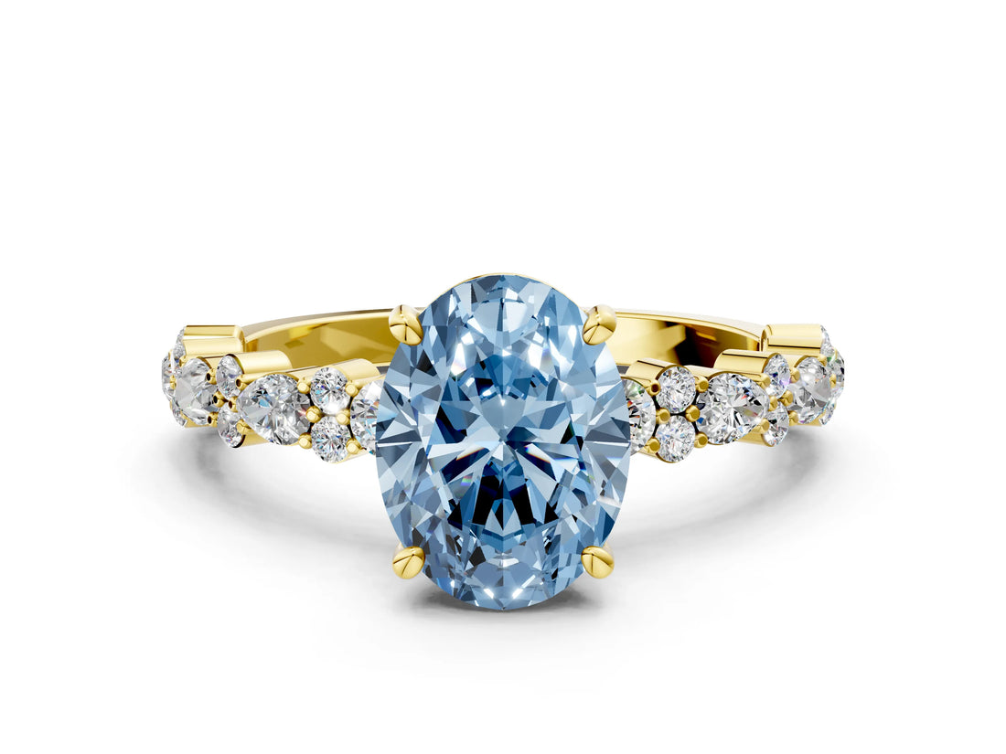 Yellow gold Fancy Blue Oval Cut Diamond Solitaire with Side Stones, Pave Band, Four-Prong Setting_126