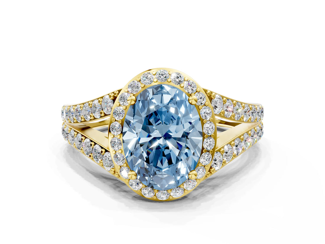 Yellow gold Fancy Blue Oval Cut Diamond Split Shank Halo Ring with Four-Prong Setting_59