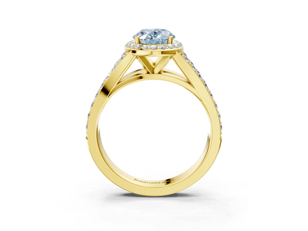 Yellow Gold Oval Halo Engagement Ring Setting for Fancy Blue Center with Narrow Pave Split Shank