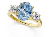 Yellow gold Fancy Blue Oval Cut Diamond Three-Stone Engagement Ring with Prong Setting and Pavé Band_1