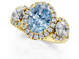 Yellow gold Fancy Blue Oval Cut Diamond Three-Stone Halo Ring with Prong Setting and Pavé Accents_1