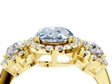 Yellow gold Fancy Blue Oval Cut Diamond Three-Stone Halo Ring with Prong Setting and Pavé Accents_4